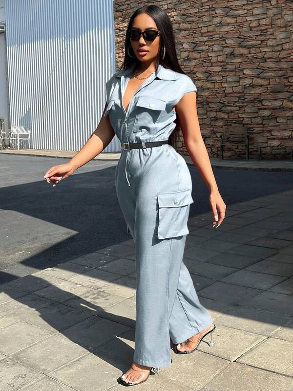 Damski swobodny kombinezon z zamkiem błyskawicznym z przodu i kieszeniami na szerokich paskach, do codziennego noszenia