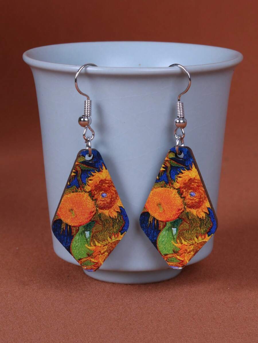1 Pair Vintage Style Double-Sided Painting Wooden Geometric Earrings, Suitable For Everyday Wear And Vacation