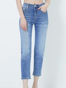 Jeans Donna Crop a Vita Alta, Lavaggio Medio con Brillantini, Gamba Dritta, Lunghezza al Polpaccio COD.1022