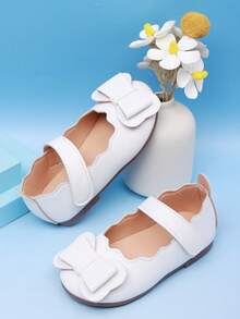1 Pair Baby Girl Flat Shoes, White Bow & Hook And Loop Design, Comfortable Casual Flats - White - View 4