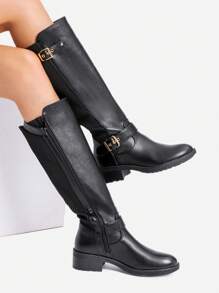 Women's Riding Knee High Boots Knit Round Toe Side Zipper  Low Block Heel Motorcycle Boots Fashionable Comfortable Outdoor Biker Buckle Boots