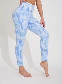 1 pieza Pantalones ajustados de mujer en azul celeste, diseño cómodo con estampado de nubes, leggings de tela de melocotón transpirable, pantalones de yoga elegantes y moldeadores con gran elasticidad, mallas para ejercicio, aptos para gimnasio, exterior, todo el año