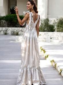 Vestido Largo Escote en V Espalda Descubierta para Mujer - Blanco - Ver 2