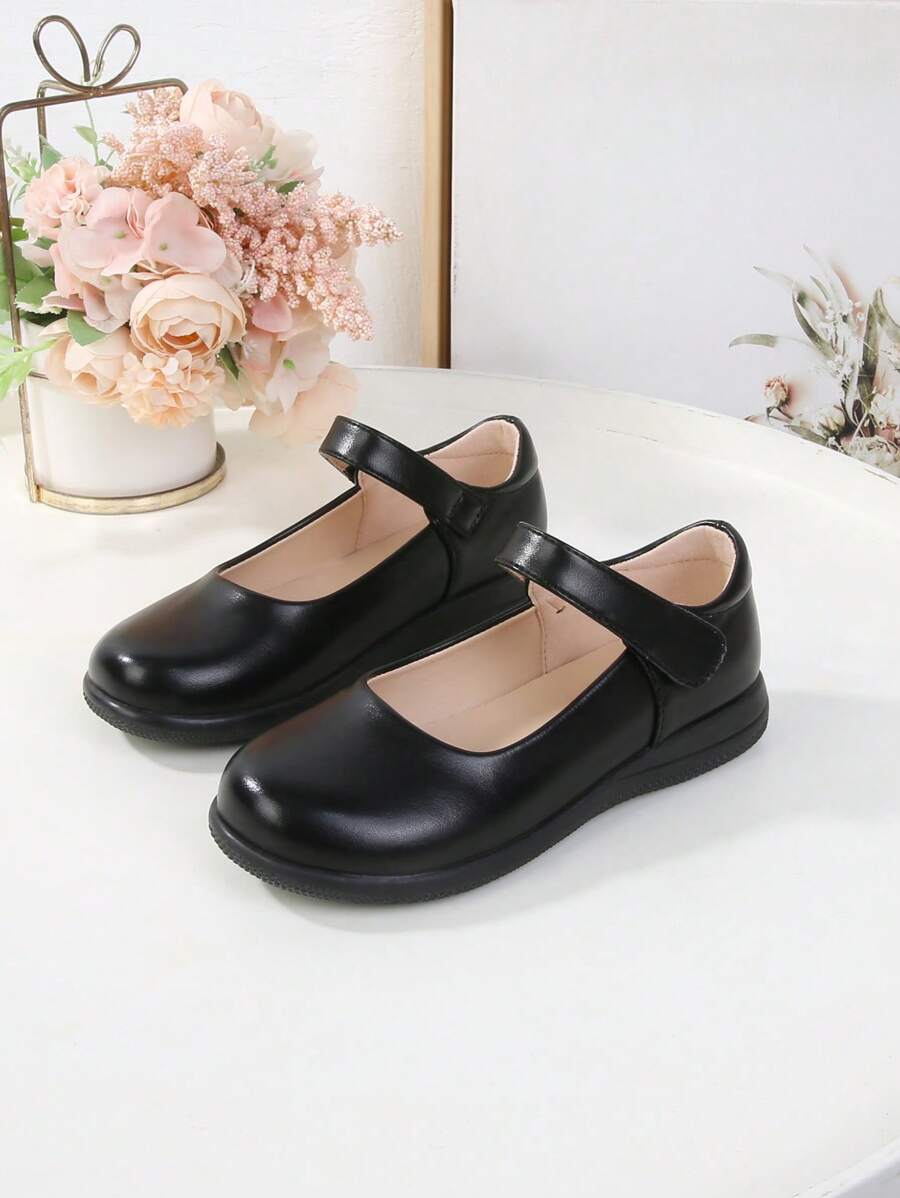 Fashionable & Comfortable Black Canvas Slip-On Shoes For Girls, Non-Slip, Suitable For School, Performance, Etiquette, Students, Flat Hook And Loop Design, Children - Black - View 1