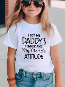 I GOT MY DADDY'S TEMPER... Print, Girls' Comfy & Loose T-Shirts, Top Clothes For Spring & Summer For Outdoor Activities - White - View 1
