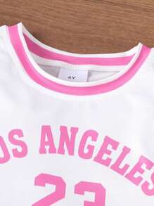 2pcs Girls Summer Cheerleader Style Round Neck Letter Print Short Sleeve Top And Solid Color Pleated Skirt Outfit