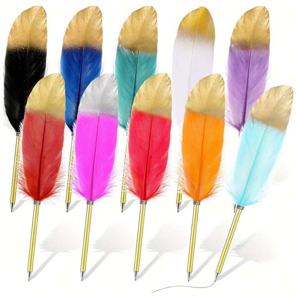 DOMUUH DOMUUH 10 Pack Vintage Feather Ballpoint Pens - 0.5mm Medium Point, Decorative Gold Plated Nib, Quill Style Pen For Writing, Guest Signature, Office, Party - Goose Feather, Snap Cap Closure - For Writers, Artists & Stationery Lovers - Perfect Gift For Graduation, Birthday & Special Occasions,School Supplies,Back To School