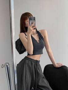 Women Heart Shaped Cami Top, Fashion Casual Solid Color - Dark Grey - View 3