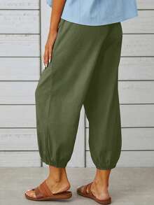 New European & American Style Loose High Waist Button Closure Linen Ankle Length Wide Leg Pants For Women Spring - Army Green - View 2