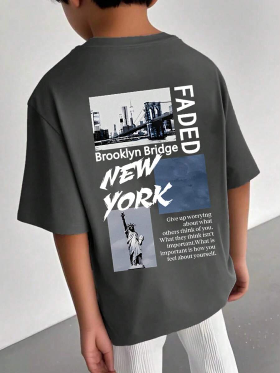 Tween Boy 休闲趣味图案印花圆领短袖 T 恤，夏季上衣