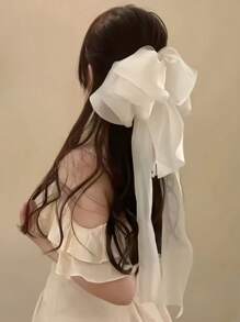 1pc Elegant Bow Decor Spring Clip Ponytail Tie, Long Ribbon Hair Accessories, School Stuff, College, Bows, Cute