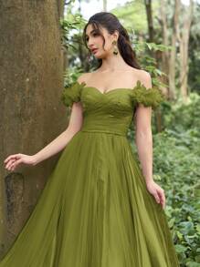 Đầm dạ hội Faeriesty Luxe sang trọng, trễ vai, chất liệu lưới, xẻ tà cao | Thích hợp cho các buổi dạ tiệc trang trọng, đám cưới theo phong cách rừng xanh và các buổi khiêu vũ lớn. - Màu xanh Ô liu - Xem 7