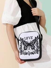蝴蝶图案印花休闲斜挎包，可调节肩带，轻质拉链腰包，涤纶材质，拉链封口邮差包