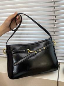 新款小众原创带子设计女士腋下包，时尚通勤方形斜挎包 - 黑色 - 查看 1