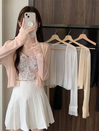 1件女士夏季长袖防晒开衫披肩，空调房小开衫，沙滩防晒服，可搭配吊带裙穿着