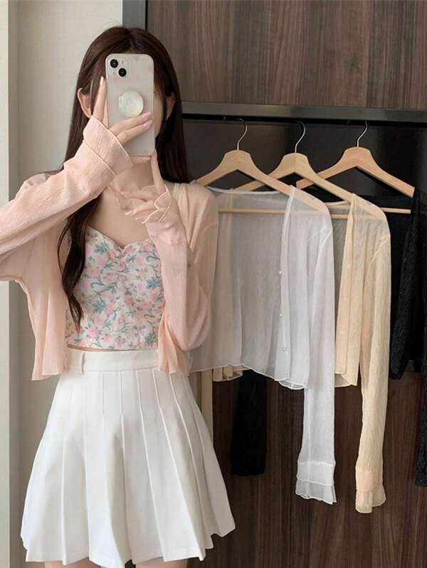1pc Women's Summer Long Sleeved Sun Protection Cardigan Shawl, Air-Conditioned Room Small Cardigan, Beach Sun Protection Clothes Can Be Paired With Camisole Skirt