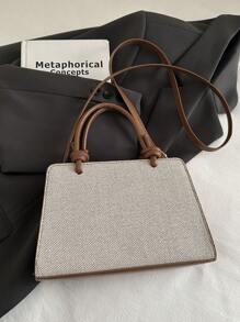 1pc Brown Color Block Pu Leather Women's Handbag, Fashionable Minimalist Square Tote