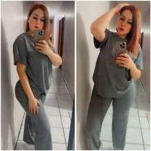 CONJUNTO CASUAL DE PANTALON RECTO MANGA CORTA CUELLO REDONDOLisoEleganteCasualCanalé2 en 1SET 2 PIEZASCalleTODO - Gris - Ver 1