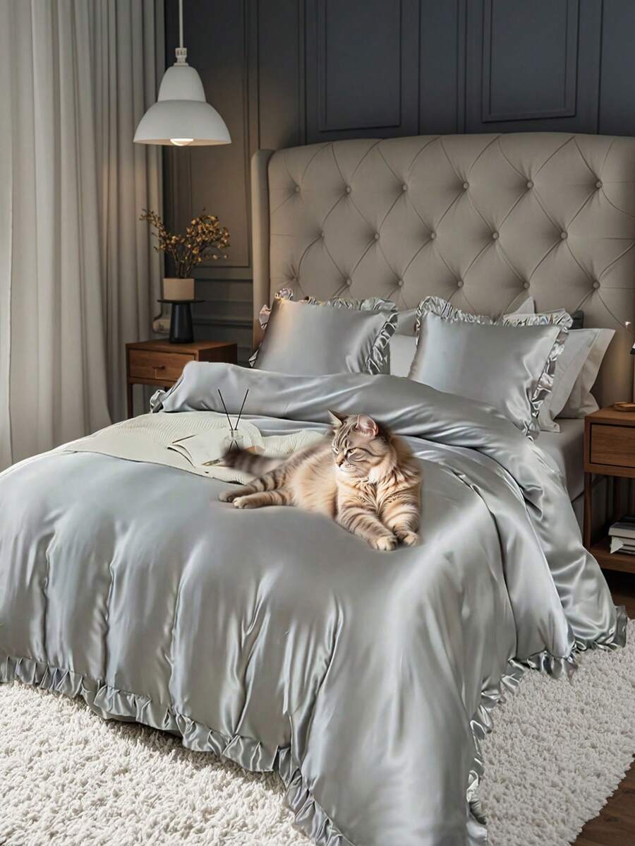 2/3pcs Set Of Minimalist Solid Color Satin Bedding Set With Ruffle Trim, Suitable For Bedroom, Dorm, Holiday Gift - Grey - View 1