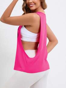 New Season Women's Fitness T-Shirt, Fashion Letter Graphic Printed Athletic Tank Top, Workout Racerback Top, Pink Gym Training Tops - Hot Pink - View 3