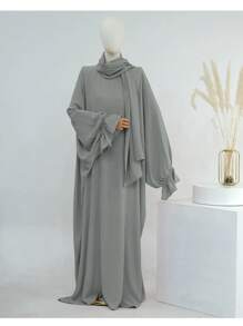 1 件穆斯林女性长袍带头巾，花袖设计，褶皱面料，宽松舒适，适合穆斯林女性日常穿着、祈祷、迪拜时尚、端庄