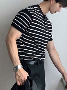 Men's Striped Knit Crew Neck Short Sleeve T-Shirt, Casual & Business Fitted Style, Breathable For Summer