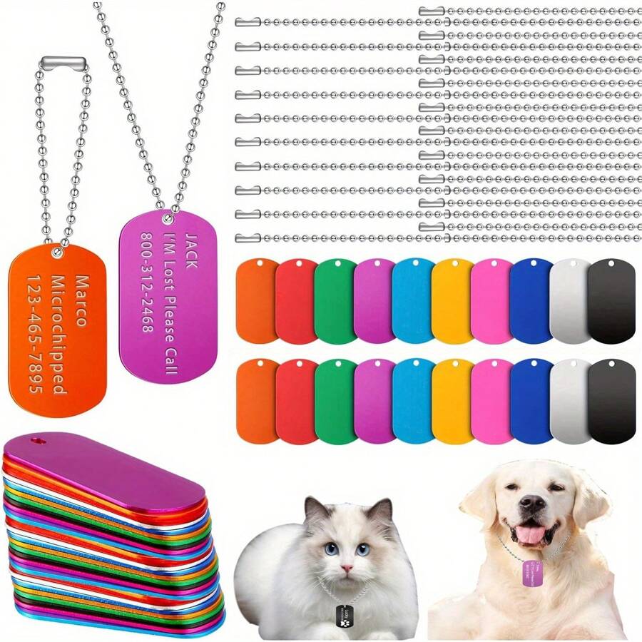 Juego de 40 piezas de placas de identificación para perro en multicolor, que incluye 20 placas de identificación en blanco de aluminio y 20 cadenas de bola de acero con placas rectangulares en blanco para manualidades decorativas y etiquetas para mascotas