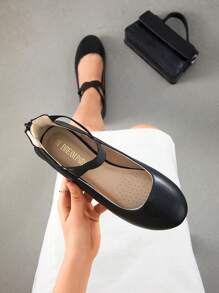 Women's Sole_Stretchy White/PU Elastic Ankle Straps Ballet Flats Shoes - Black-pU - View 4