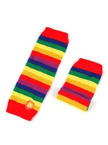 Children/Teens' Gothic/Y2K Style Rainbow Striped Fingerless Knit Arm Warmers, Wrist Cuffs, Suitable For 8-16 Years Old For Daily, Party, Holiday, Gift - Multicolor - View 9