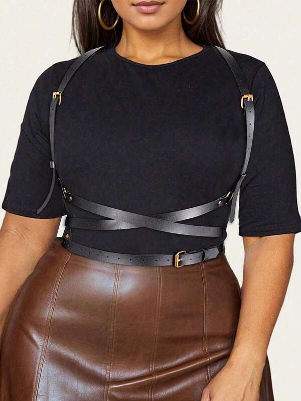 1pc Plus Size Women's Black PU Leather Belt, Punk Style Suspender Belt Suitable For Party, Festival, Celebration