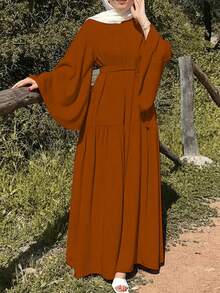 Women's Elegant Solid Color Flare Sleeve Dress, Spring/Summer - Coral Orange - View 3