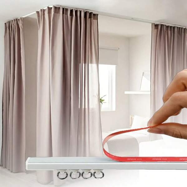 FEPK Carril multifuncional 2 en 1 para cortinas, carril de polea silencioso Nano, se puede empalmar y recortar, admite instalación lateral y superior, instalación con adhesivo y con taladro, ampliamente aplicable para cortinas, visillos, cortinas de ducha, divisiones, gabinetes, armarios, accesorios de baño