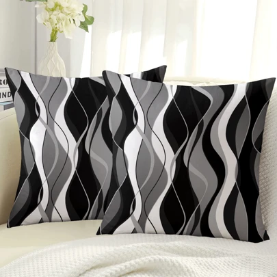 2pcs Modern Black & White Abstract Wavy Pattern Decorative Throw Pillow Cover, 18" X 18", Soft Polyester, Zipper Closure, Machine Washable - Suitable For Living Room And Bedroom Decor (Pillow Insert Not Included)