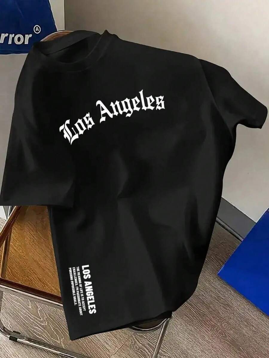 Men's Los Angeles T-Shirt Side Detail Phrase Driven By Challenges 100% Cotton Shirt Fashion Streetwear Premium Mesh - màu đen - Xem 1