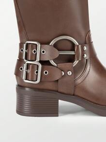 Women's Motorcycle Boots Buckle Decoration Chunky Western Cowboy Slip-On Fashionable Square Toe Combat Riding Mid-Calf Christmas Black Winter Boots - Brown - View 7