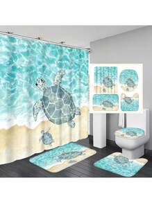 1pc/4pcs Ocean Creatures Multifunctional Bathroom Decoration Set: Waterproof Shower Curtain With 12 Hooks, Anti-Slip Bath Mat, U-Shape Floor Mat, And Round Toilet Seat Cover - Comprehensive Bathroom Solution Bathroom Accessories Back To School