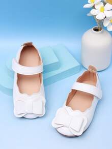 1 Pair Baby Girl Flat Shoes, White Bow & Hook And Loop Design, Comfortable Casual Flats - White - View 3