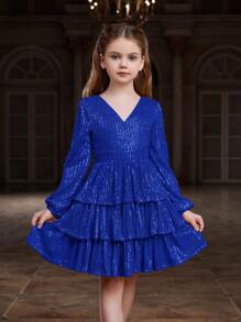 ALISA&LEO Girls' Sequin V-Neck Lantern Sleeve Layered A-Line Sheer Formal Dress, Suitable For Red Carpet, Gala, Black Tie Wedding, Awards Ceremony, Charity Ball And Other Formal Occasions - Royal Blue - View 1