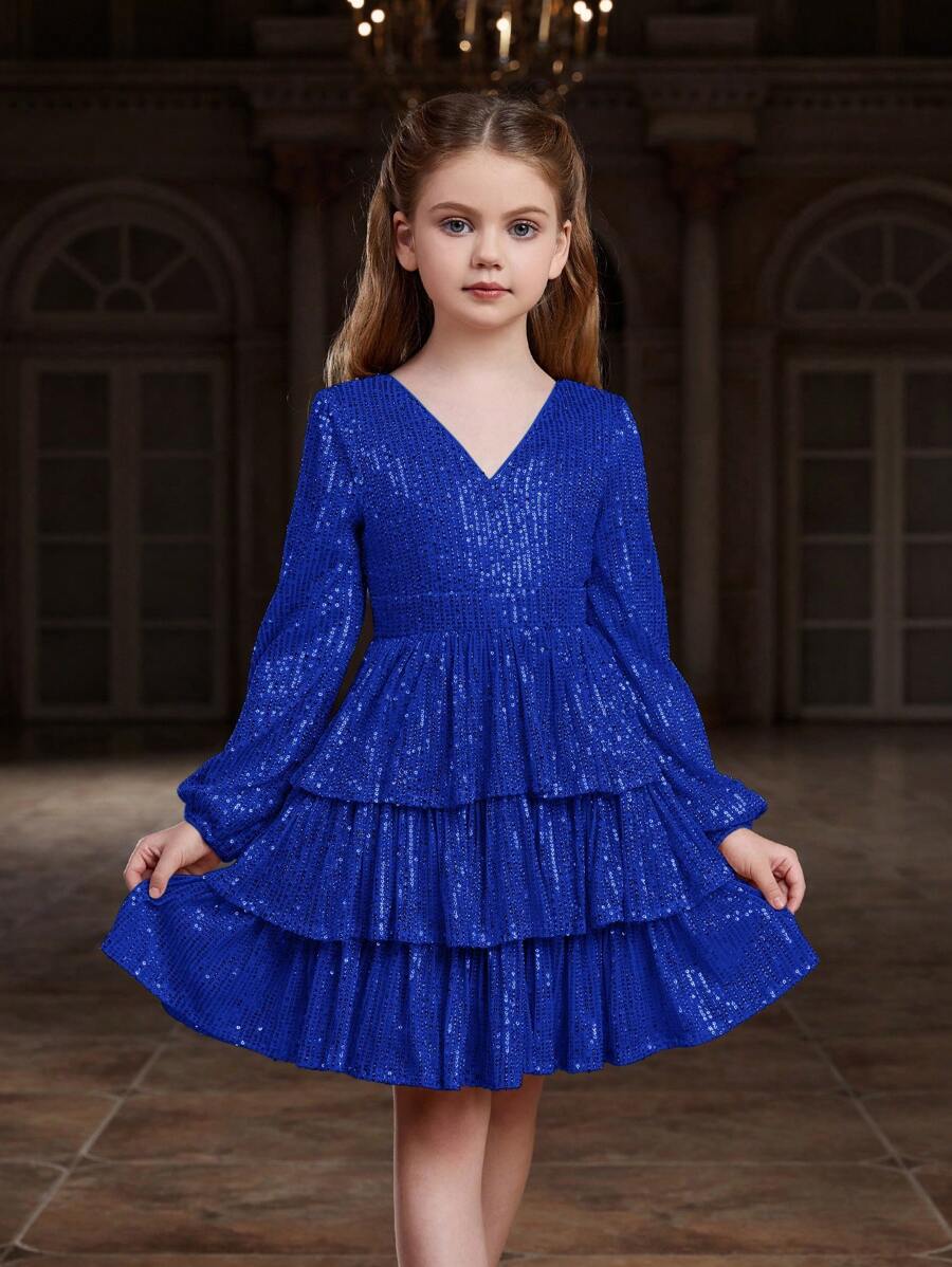 ALISA&LEO Girls' Sequin V-Neck Lantern Sleeve Layered A-Line Sheer Formal Dress, Suitable For Red Carpet, Gala, Black Tie Wedding, Awards Ceremony, Charity Ball And Other Formal Occasions - Royal Blue - View 1