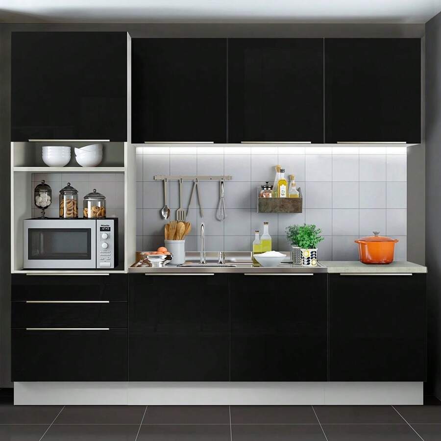Cocina Integral Completa Modular Madesa Lux  240cm Color Blanco/Negro 03 - Blanco y Negro - Ver 1