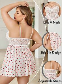 Plus Size Lace Camisole Nightgown, V-Neck Sleepwear, Mesh Nightdress With Side Slit - trắng - Xem 3