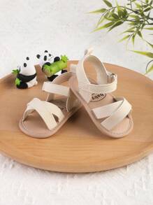 1 Pair Girls Solid Color Striped Hook And Loop Design Sandals/Slippers For Infant Girls 0-1 Years Old, Toddler Shoes, Suitable For Summer - Beige - View 5