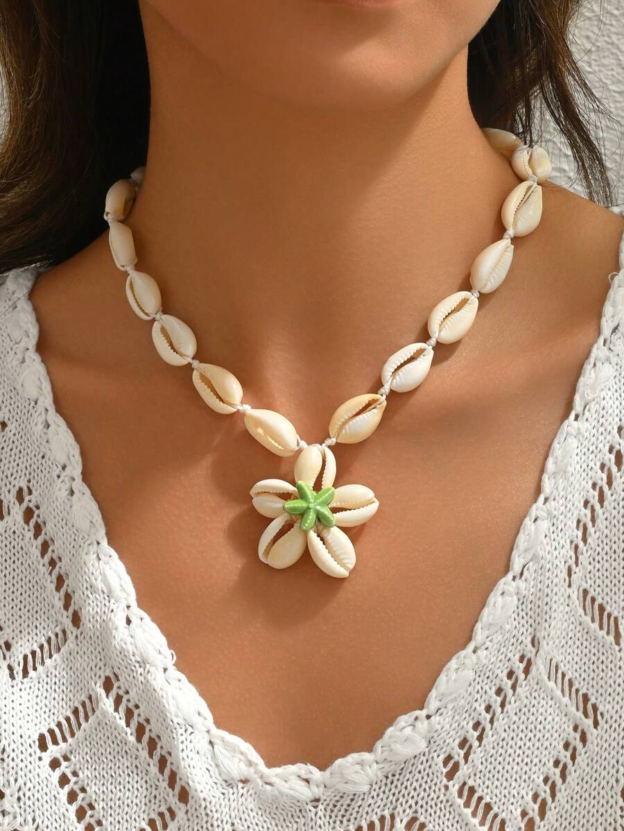 1pc Creative Seashell, Starfish & Flower Pendant Necklace, Boho Style Beach Holiday Fashion Jewelry For Women