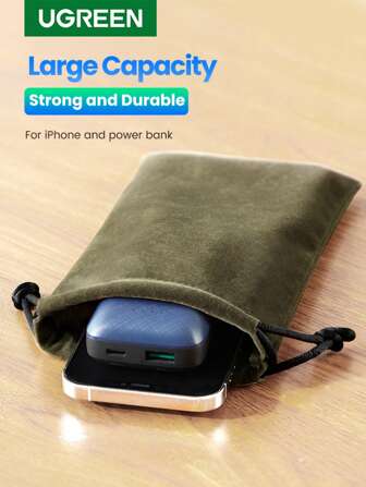 UGREEN 19*12cm Pouch Bag For Power Bank TWS Earbuds Flannel Bag Mobile Phone Accessories Portable Waterproof Drawstring Protection Bag Cable Organizer Polyamide