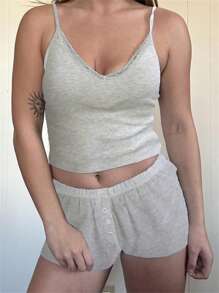 Womens Casual 2 Piece Outfits Sleeveless Lace Trim V Neck Cami Tops + Shorts Set Loungewear - 灰色 - 查看 2