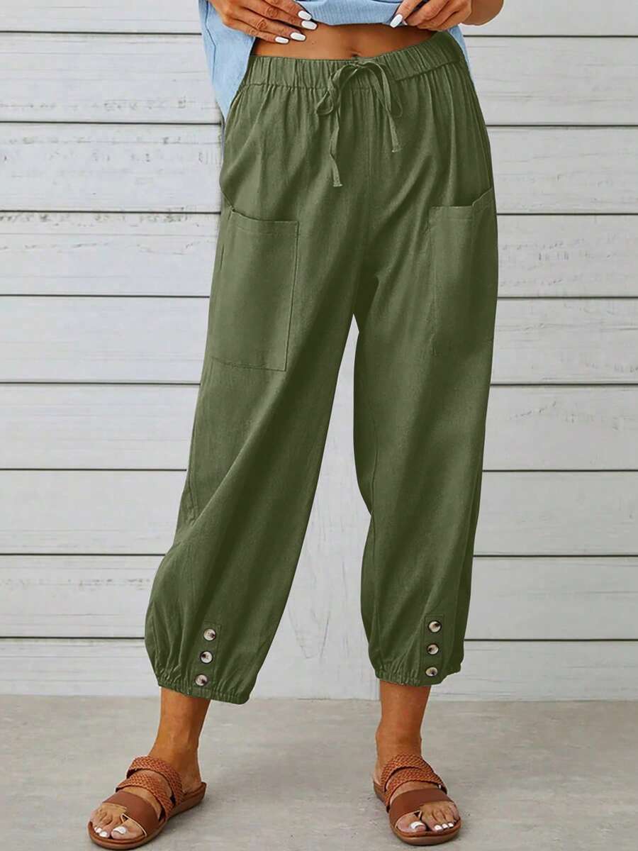 New European & American Style Loose High Waist Button Closure Linen Ankle Length Wide Leg Pants For Women Spring - Army Green - View 1