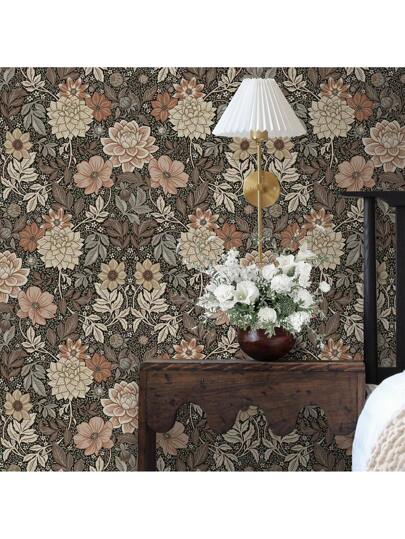 Roll Elegante Vintage Bohemian Peel Stick Wallpaper Brown/White Background Bloemen Pattern, Waterproof, Moisture Proof, Removable, Easy To Install, Home Wand Sticker, Kitchen, Bedroom, Living Room, Cabinet, Wardrobe, Tafel Furniture Refurbishment, 44*300/500/1000cm Size view 2