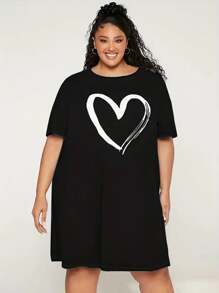 Camiseta Casual Confortável Doméstica de Verão para Mulheres Plus Size com Estampa de Coração Solta