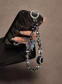 1pc Butterfly Crystal Bling Phone Lanyard, Delicate Crystal Beaded Short Wrist Strap With Clip Anti-Lost Phone Cord, Luxury Vibe - Multicolor - View 7