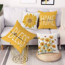 4PCS Spring Summer Pillow Case Yellow Daisy Ladybug Sweet Home Blessing This Home Decoration Cushion Cover Sofa Bed Home Decoration Single Sided No Pillow Core